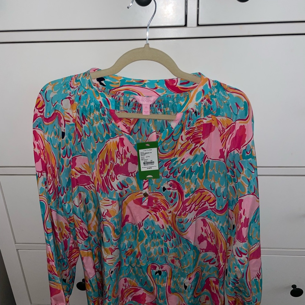 Lilly Pulitzer Turquoise Pink Flamingo Print Long-Sleeve Blouse